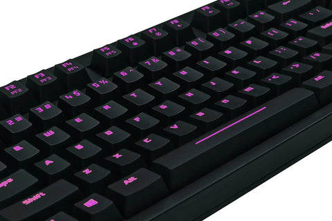 Premium Red Mechanical Gaming Keyboard Displaying Bold Per Key Full RGB Color Backlight and Responsive Keys from above with pink lighting on keys.