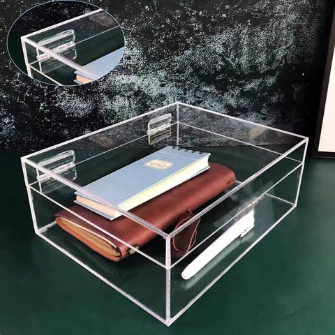 Premium Self Adhesive Acrylic Hinges For Cabinets Drawers Transparent Continuous Folding Hardware Craft Display Tool Sweet Grip Rock Solid Build Mini Heavy Duty Snap On Design For Home Workshops with clear storage box holding a notebook and wallet.