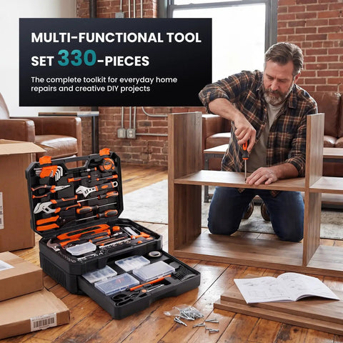 Man assembling furniture using 330 Piece Home Repair Tool Kit With Pull Out Drawer For Easy Access Carbon And Cr V Steel Tools