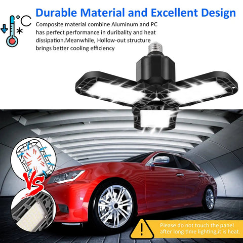 LED Garage Lights Two Pack 45W 6500K Daylight With Three Adjustable Panels illuminating a garage with a red car underneath