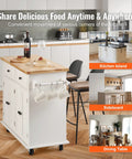 Solid Rubber Wood Top Kitchen Island Cart With Storage Cabinet And Drawer, 35.4 Inch Wide Rolling Kitchen Island On Wheels With Spice Rack And Towel Rack, White Finish, Durable MDF Frame