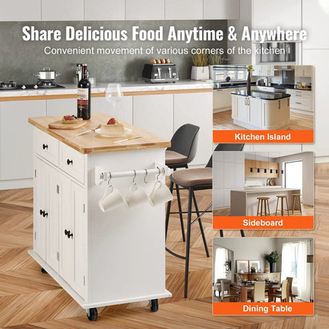 Solid Rubber Wood Top Kitchen Island Cart With Storage Cabinet And Drawer, 35.4 Inch Wide Rolling Kitchen Island On Wheels With Spice Rack And Towel Rack, White Finish, Durable MDF Frame