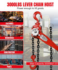 Red manual lever chain hoist, 3-ton capacity (6000 lb), G80 steel, double-pawl brake, with two 360° rotating hooks