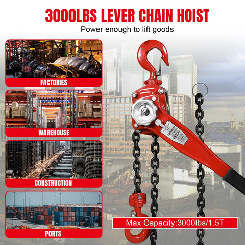 Red manual lever chain hoist, 3-ton capacity (6000 lb), G80 steel, double-pawl brake, with two 360° rotating hooks