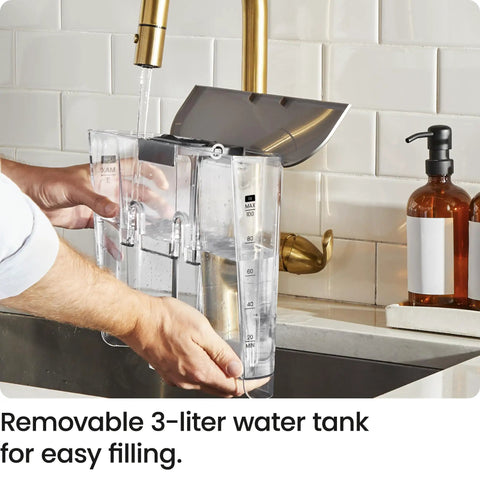Next Level No Sweat Home Espresso Machine Built Around Conical Burr Grinder Barista Steam Frother showing removable 3-liter water tank for easy filling.
