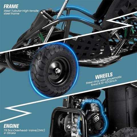 79cc 4 Stroke Gas Go Kart For Kids And Teens With 2.5HP Power, EPA Approved, steel frame, 13 inch all terrain tires close-up