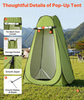 Detail view of pop-up privacy tent features in Grab And Go Portable Camping Toilet Kit with storage pocket and smooth zipper.