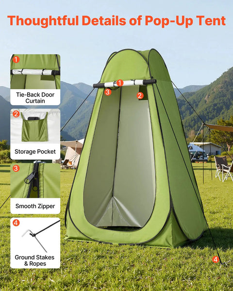 Detail view of pop-up privacy tent features in Grab And Go Portable Camping Toilet Kit with storage pocket and smooth zipper.