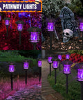 Six Pack Solar Flame Torch Lights Outdoor Dual Use Flickering Purple Flame Garden Lanterns Auto On Off Waterproof Halloween Lighting For Lawn Patio Yard Walkway Driveway