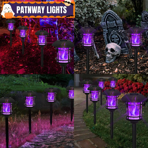 Six Pack Solar Flame Torch Lights Outdoor Dual Use Flickering Purple Flame Garden Lanterns Auto On Off Waterproof Halloween Lighting For Lawn Patio Yard Walkway Driveway