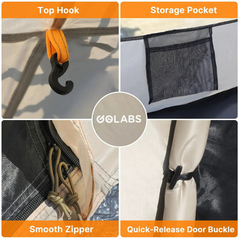 Features of Two Person No Fuss Instant Camping Tent With 60 Second Setup And Pre Attached Pole, hooks, pockets, zipper, buckle