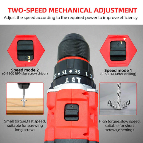 Close-up of controls on a Cordless Drill Set For Makita 18V Battery Compatible, 1500 RPM Brushless Motor, showing speed modes.