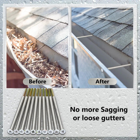 Before and after view of gutters repaired with 20 Pieces 7 Inch White Gutter Screws With Metal Ferrule Durable Gutter Nails And Spikes Easy To Install Secure Gutter Fasteners For Sagging Gutters And Maintenance Rust Resistant Weatherproof.
