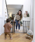 Solid Wood Cherry Stain Arched Baby Gate With Charcoal Gray Metal Frame 30 Inch Tall Fits Openings From 28 To 42 Inches Doorway