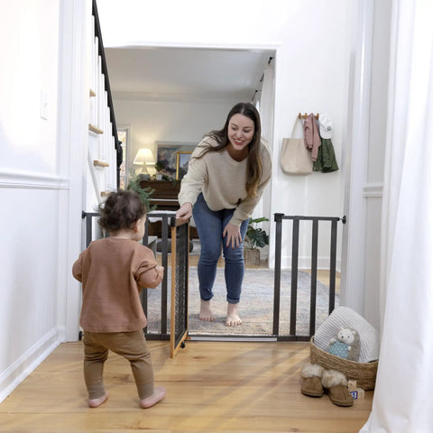 Solid Wood Cherry Stain Arched Baby Gate With Charcoal Gray Metal Frame 30 Inch Tall Fits Openings From 28 To 42 Inches Doorway