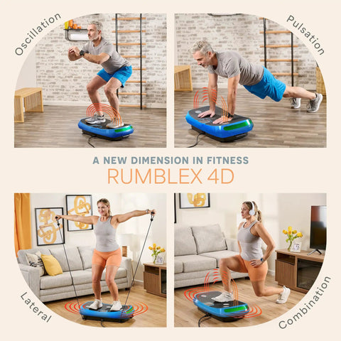 Legit 4D Curved Vibration Plate Exercise Machine With Triple Motor Seven Modes And Sixty Speeds Vibrating Platform in use with two models demonstrating various exercises.