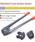 5-notched front action sealer tool with red handles for All In One Banding Kit With Poly Strapping Tensioner Sealer Tools 3200 Inch PP Band Roll And 100 Metal Seals For Heavy Duty Bundling Great For Pallets Boxes Crates And Shipping Jobs.