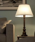 Spyglass Table Lamp With Bronze Finish, Dual Pull Chains, White Linen Shade, Retro Modern Luxe Vibe, Classic Mid Century Style