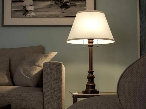 Spyglass Table Lamp With Bronze Finish, Dual Pull Chains, White Linen Shade, Retro Modern Luxe Vibe, Classic Mid Century Style