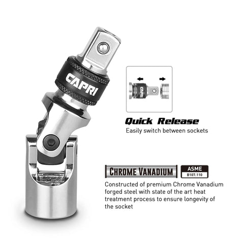 Go To Locking Universal Joint Set 3 Piece For Reaching Tight Corners And Small Spaces With Spring Loaded Detent Ball And Quick Release Ring Premium Chrome Vanadium Steel Heat Treated, quick release joint