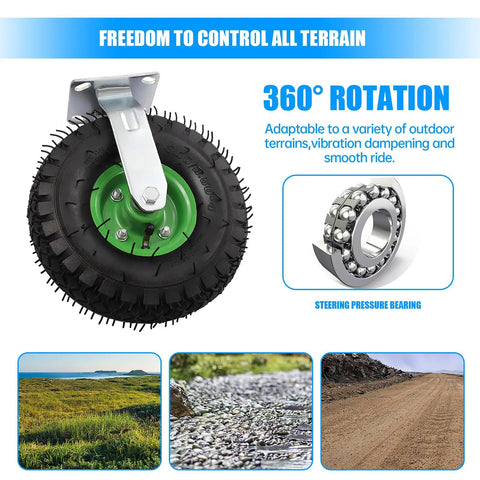 10 Inch Heavy Duty Pneumatic Caster Wheels Set Of Four Rolls Smooth As Butter 660 LBS Per Wheel 360 degree swivel and rugged tire.