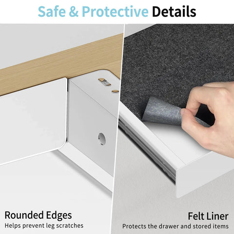 Kick Clutter To The Curb With This Sleek White Slide Out Under Desk Drawer Featuring Smooth Ball Bearing Slides And Solid Carbon Steel Build For Tidy Home Office Storage showing rounded edges and felt liner.