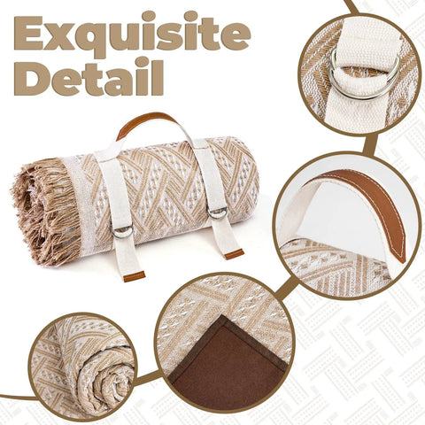 2 In 1 Extra Large 80 Inch By 80 Inch Waterproof Outdoor Picnic Blanket Folded with Carry Strap, Showing Detailed Stitching and Fabric