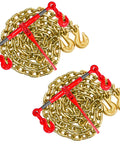 Beefed Up Heavy Duty Chain Binder Kit With Three Eighths Inch By Ten Foot Chains Includes Two Binders And Two Chains For Industrial Farm Towing And Logging Use Grade 70 ABS 26400 Lbs Breaking Strength WLL 6600 Lbs Yellow Galvanized showing two red binders with chains