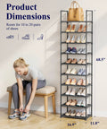 Tall 10-Tier Shoe Organizer With Detachable Fabric Shelves And Metal Frame For Closet Entryway And Living Room next to woman tying shoes