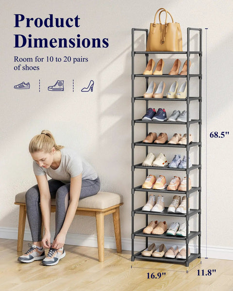 Tall 10-Tier Shoe Organizer With Detachable Fabric Shelves And Metal Frame For Closet Entryway And Living Room next to woman tying shoes