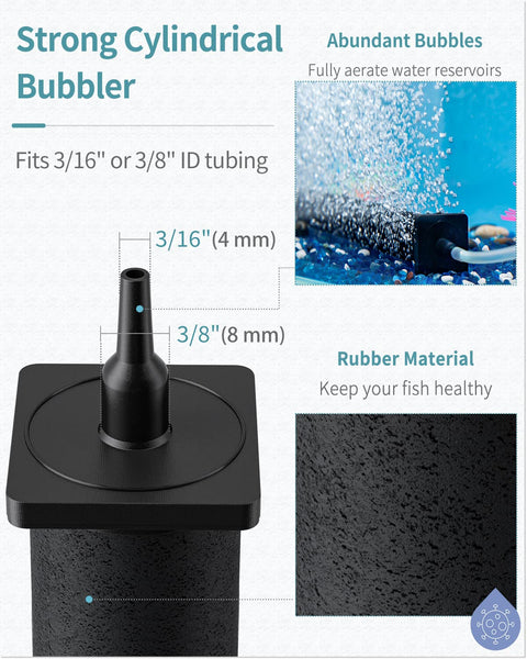 Diagram showing 16 Inch Air Stone Cylinder Diffuser for big tanks with bubble effect and rubber material detail.