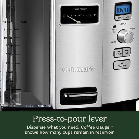 Close-up of Coffee On Demand 12 Cup Programmable Drip Coffee Maker with display, easy actuator, and single cup dispense.