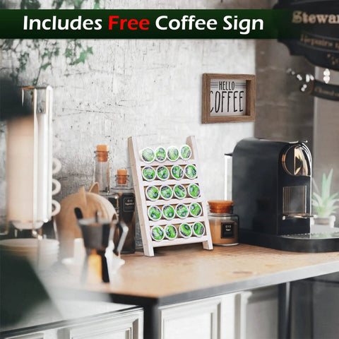 Wood K Cup Holder For Countertop And Kitchen, Farmhouse Decor With Coffee Bar Vibe next to a coffee machine on a countertop