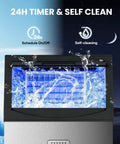 Top Shelf Commercial Ice Maker Delivers A Solid 120 Lbs Daily Output With 33 Lbs Storage Plus Built In Water Filter showing 24H timer and self-clean feature.