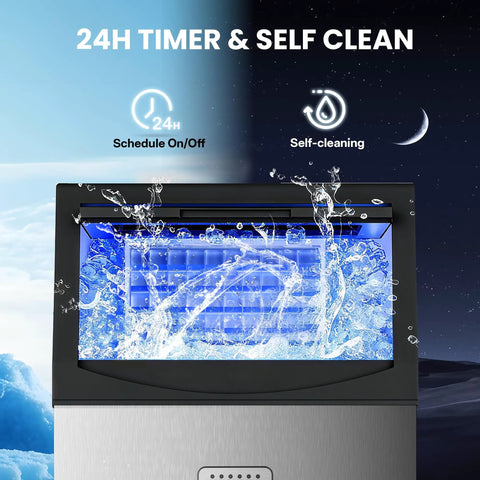 Top Shelf Commercial Ice Maker Delivers A Solid 120 Lbs Daily Output With 33 Lbs Storage Plus Built In Water Filter showing 24H timer and self-clean feature.