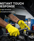 Badass Heavy Duty Nitrile Gloves With 6 Mil Yellow Raised Diamond Texture giving grip while working on an auto engine.