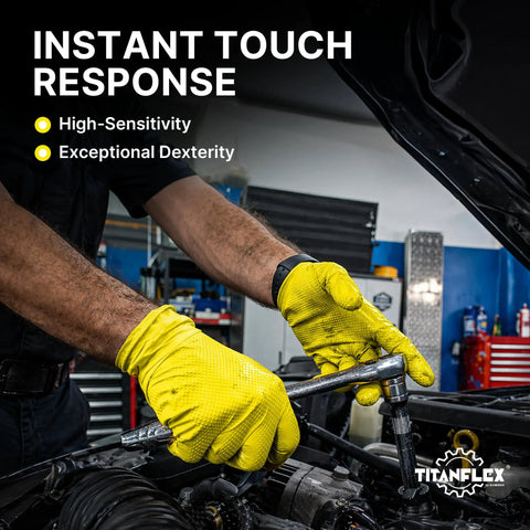 Badass Heavy Duty Nitrile Gloves With 6 Mil Yellow Raised Diamond Texture giving grip while working on an auto engine.