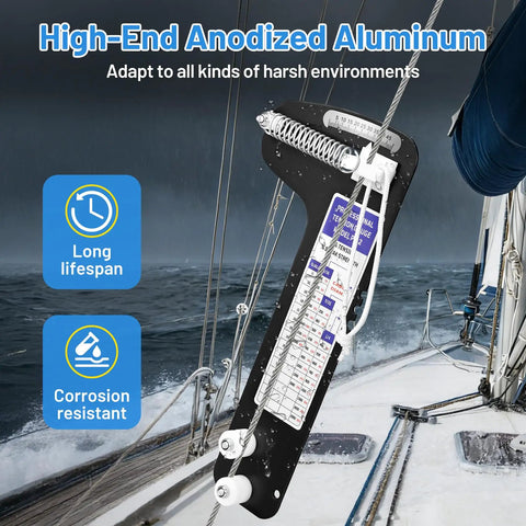 Sailboat Rigging Tension Gauge With Hands Free Clamp On Design For Solo Rigging, anodized aluminum on sailboat cable
