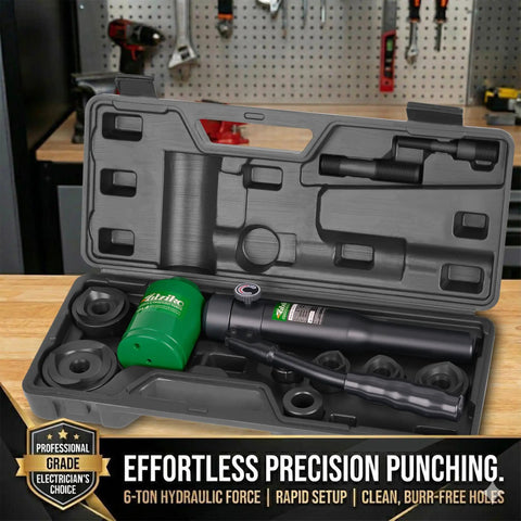 Heavy Duty Hydraulic Knockout Hole Punch Driver Kit One Half To Two Inch Conduit Hole Cutter in case showing punch dies and tools.