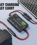 12V 10A Solar Charge Controller MPPT With Type-C And USB Output connected to solar panel and battery, close-up view.