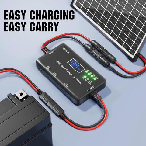 12V 10A Solar Charge Controller MPPT With Type-C And USB Output connected to solar panel and battery, close-up view.