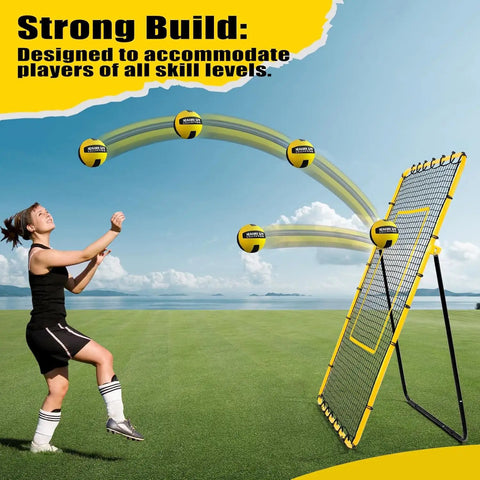 Person practicing with Volleyball Rebounder Net 7x4 Ft With Five Angle Adjustments For Outdoor Or Backyard Training.