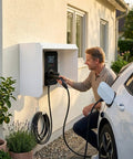 Heavy Duty Outdoor EV Charger Enclosure And Rainproof Steel Cover With Wall Mount Build, man charging electric vehicle.