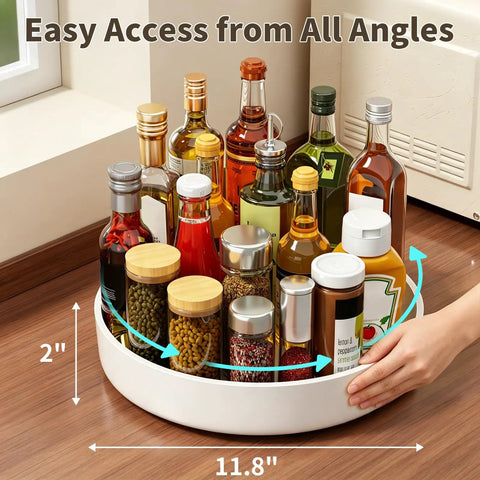 Large Capacity Lazy Susan Organizer For Pantry Cabinet And Kitchen Storage Featuring Super Slick 360 Spinner Turntable Spice Rack With Non Slip Base And Raised Lip Saves Serious Space While Making Daily Meal Prep A Total Piece Of Cake, showing jars on 11.8 inch rotating base.