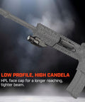 TLR RM 1 500 Lumen Low Profile Rail Mounted Tactical Light on rifle with smoke background, highlighting HPL face cap and rail mount.