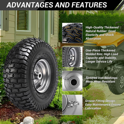 Two Pack Front Lawn Mower Tire And Wheel Assembly For Riding Mowers 15X6.00-6 Fits John Deere Craftsman Husqvarna displayed in garden