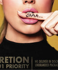 Close-up of a person with finger on lips indicating discretion, text 'shhh' and messaging about discreet, unbranded packaging.