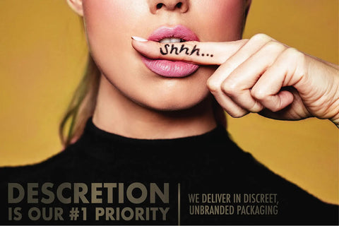 Close-up of a person with finger on lips indicating discretion, text 'shhh' and messaging about discreet, unbranded packaging.