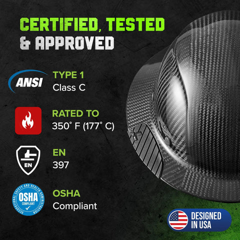 Dax Carbon Fiber Full Brim Hard Hat with Reinforced Shell ANSI Type 1 Class C certified fire resistance black safety gear