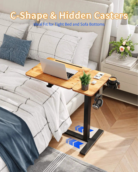 Yihayo Electric Height Adjustable Overbed Table W/ Wheels, 24x16 Inch mobile nursing stand with hidden casters by bed.